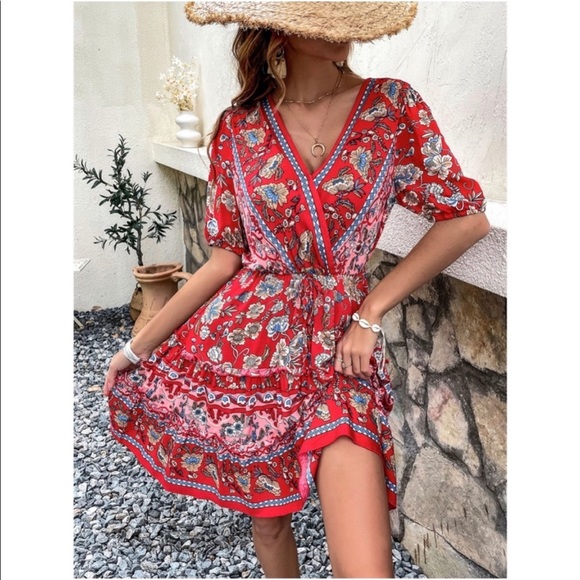 Boho Floral Paisley Print Overlap Neck Dress - Picture 3 of 15